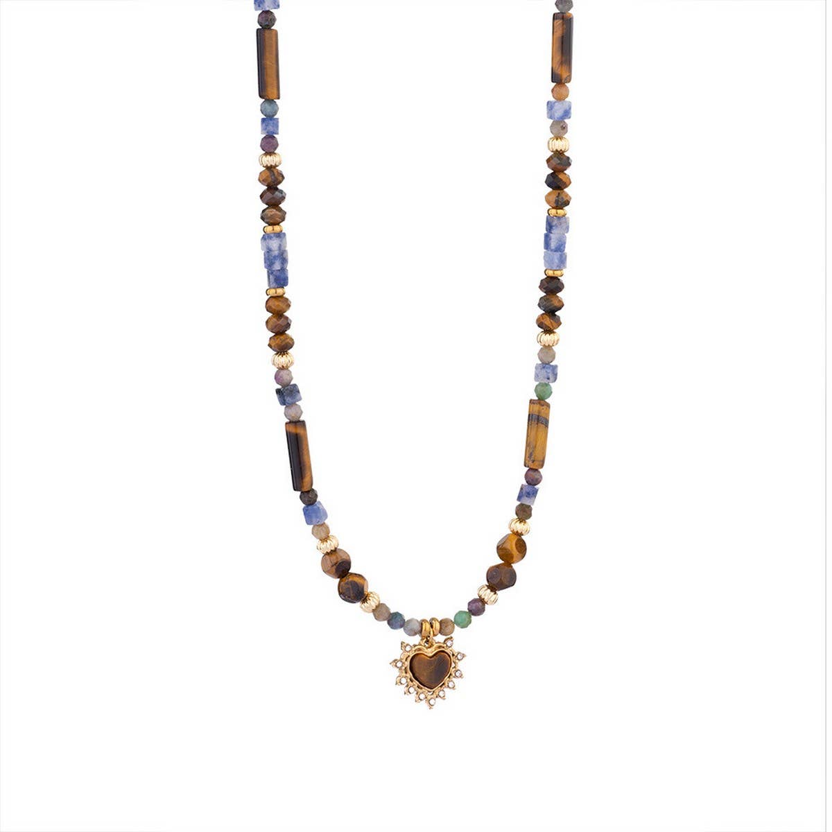 Tiger Eye Heart Pendant Beaded Necklace_Cwmm7547