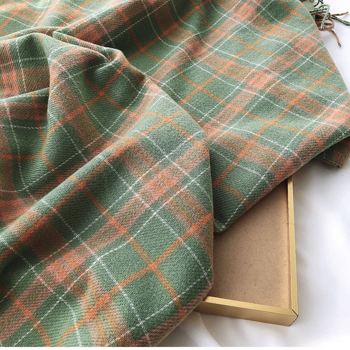 PLAID FAUX CASHMERE SCARF COZY FRINGE WINTER WRAP_CWASC1459