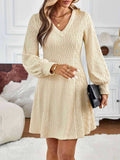 V-Neck Lantern Sleeves Solid Color Dress