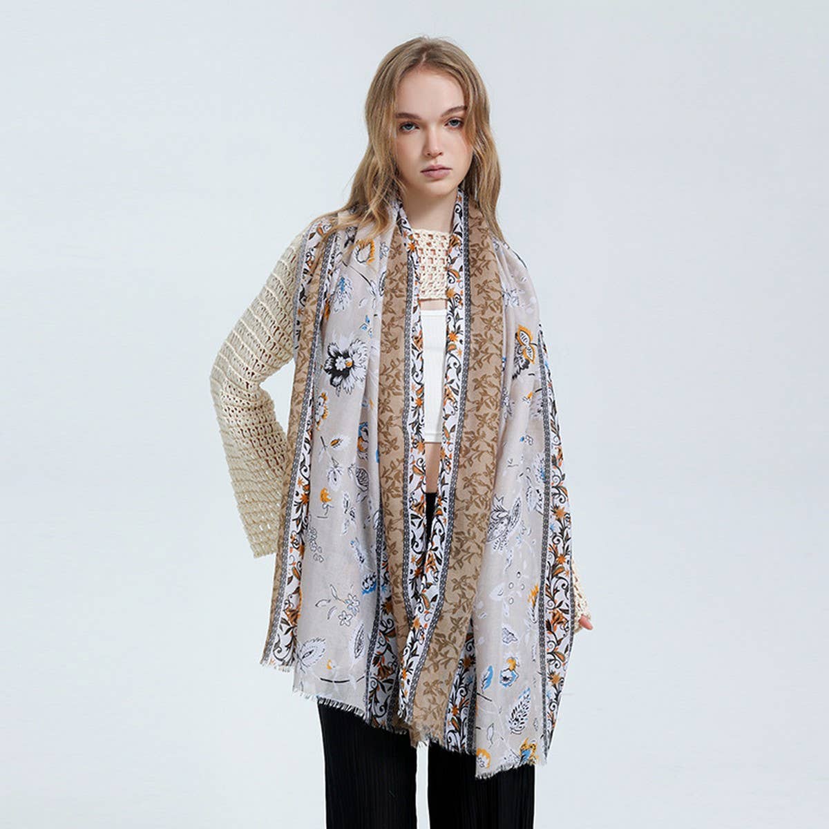 FLORAL BORDER SATIN SCARF ELEGANT BEACH WRAP_CWASC0672
