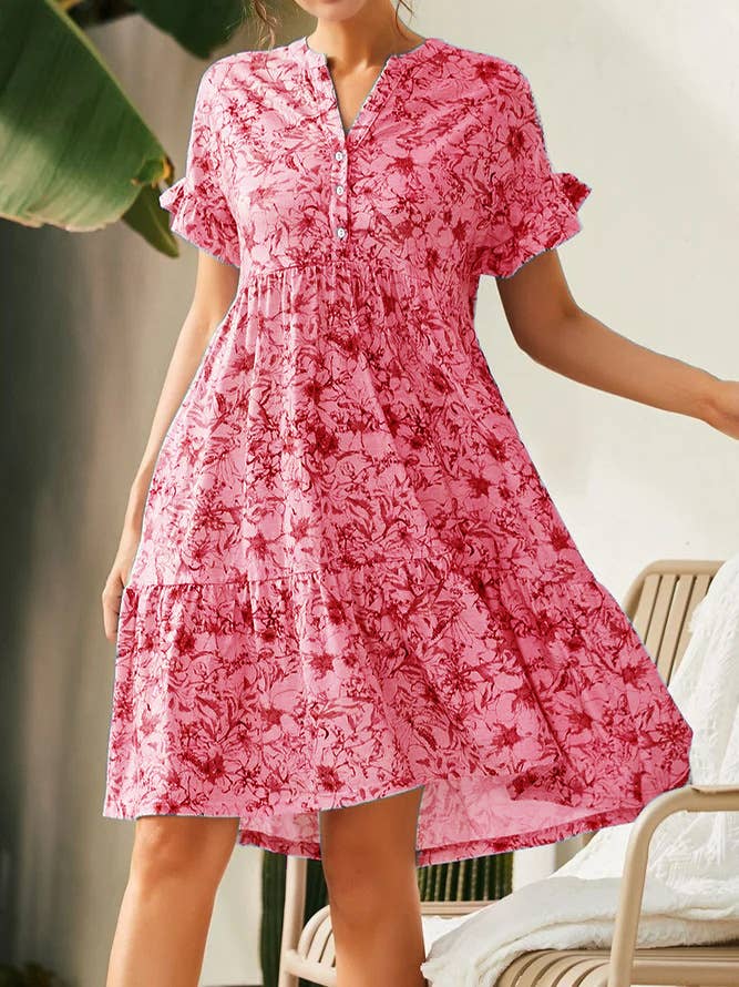 V-Neck Button-Up Print Short-Sleeved Dress