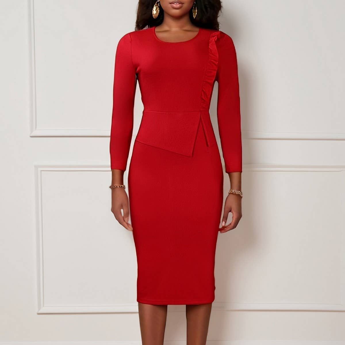 RUFFLE HEM SOLID COLOR ROUND NECK HIP DRESS_CWDMD3712