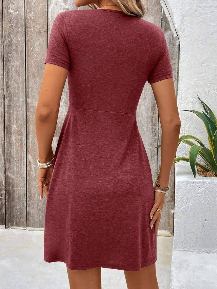 Twisted Pleated Chest Cinched Waist V-Neck Dress