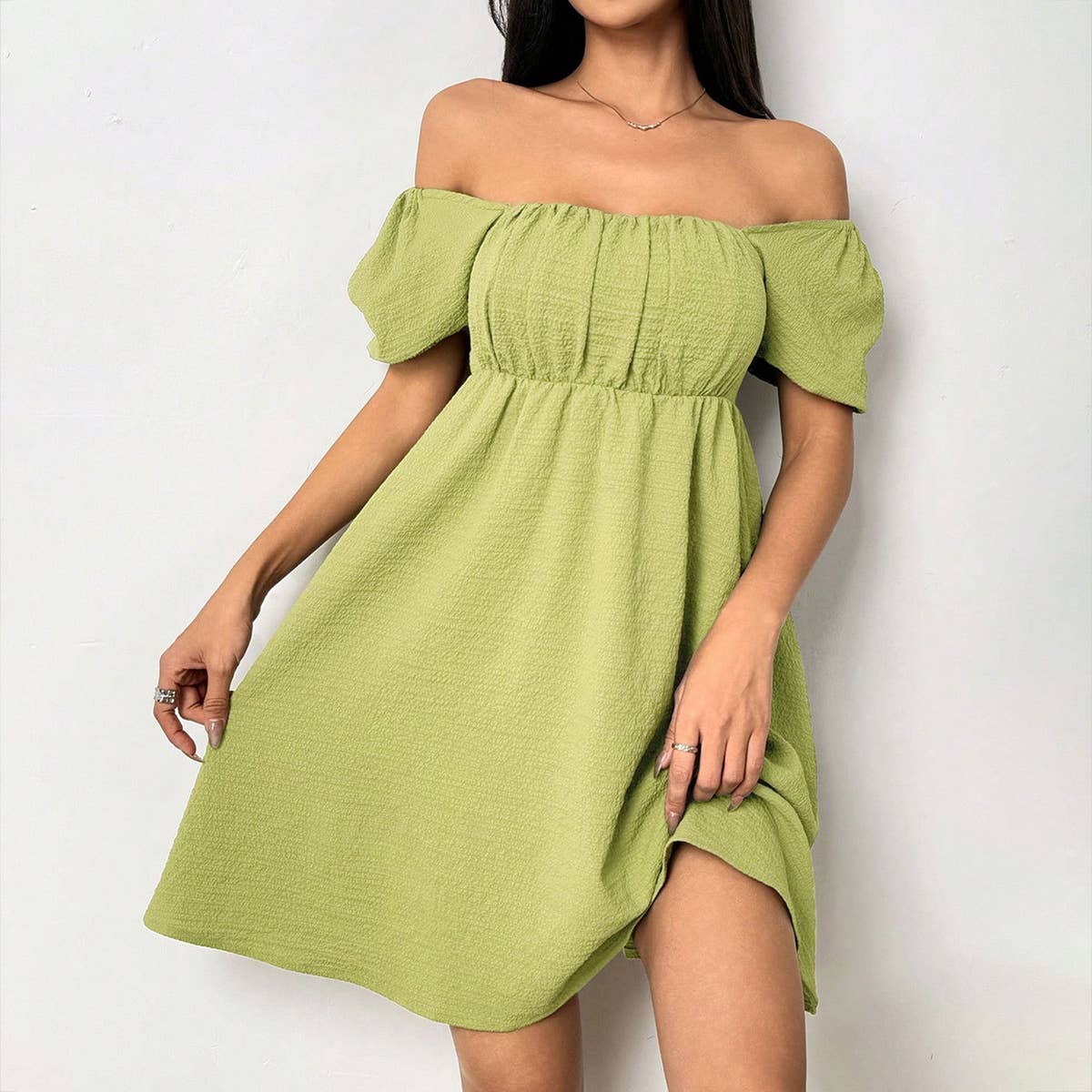 Square Collar And A Cinched Waist Short Dress