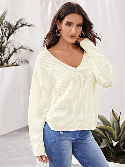 Pullover V-Neck Long Sleeve Knit Slouchy Sweater