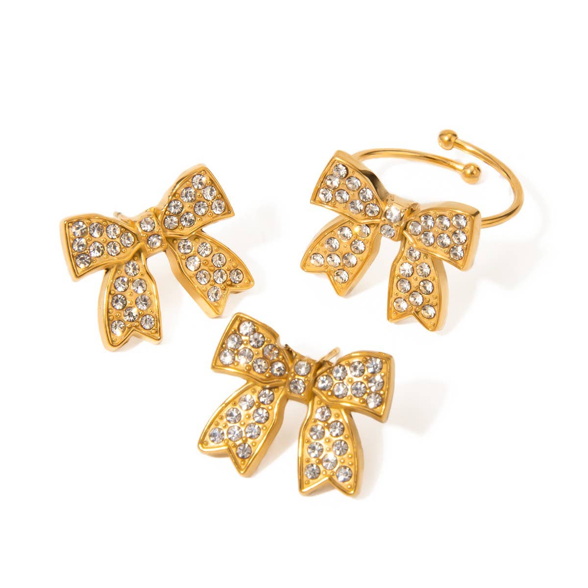 RETRO HIGH END BOW EARRINGS AND RING SET_CWAJE1887