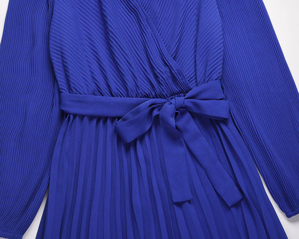 V Neck Long Sleeve Pleated Belted Midi Dress