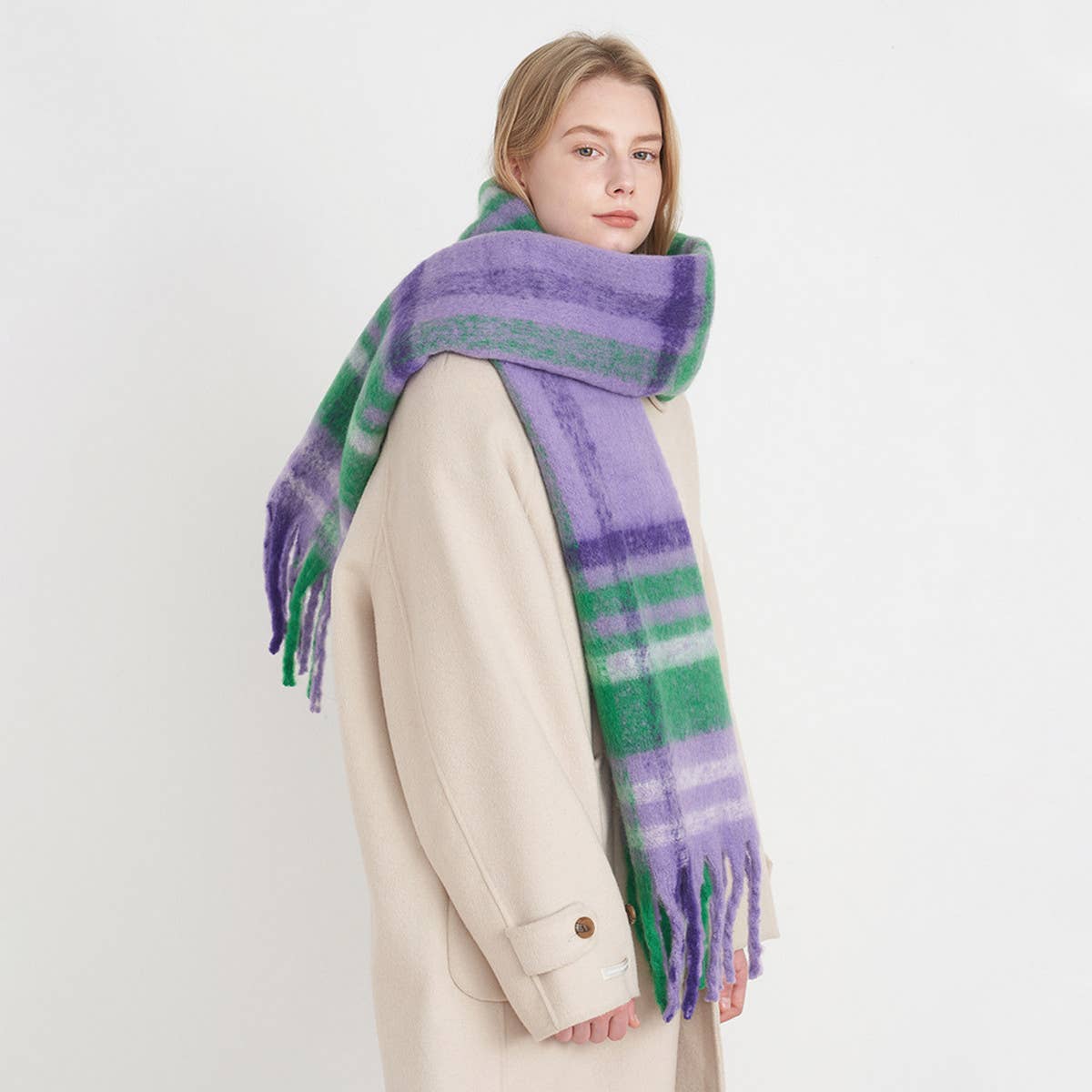 FRENCH RETRO PLAID SCARF WINTER TASSEL WRAP_CWASC0327