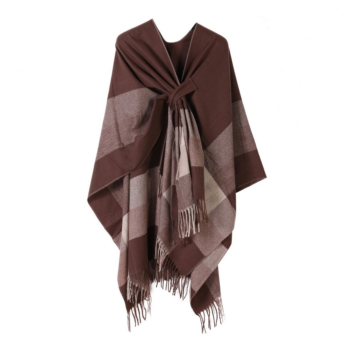 FRINGED CAPE FIXED TIE SHAWL FAUX CASHMERE SCARF_CWASC2160
