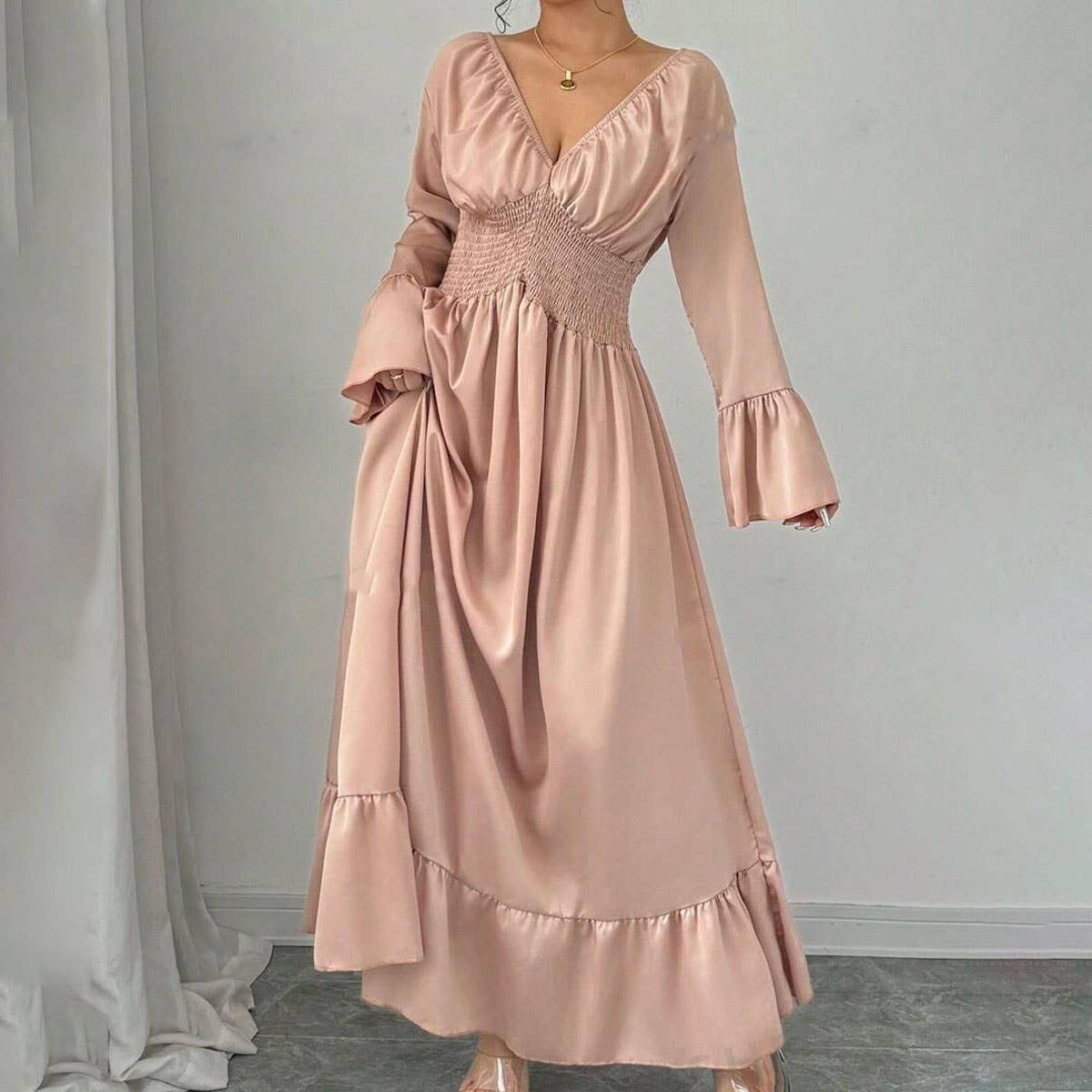 V-Neck Waist Elegant Solid Color Long Waist Dress