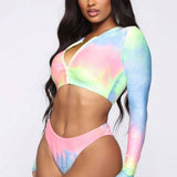 Womens Tie-Dye Bikini Set Long Sleeve Swimsuit_Cwmw0197