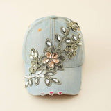 DIAMOND EMBELLISHED DISTRESSED DENIM BASEBALL CAP CWAH1390