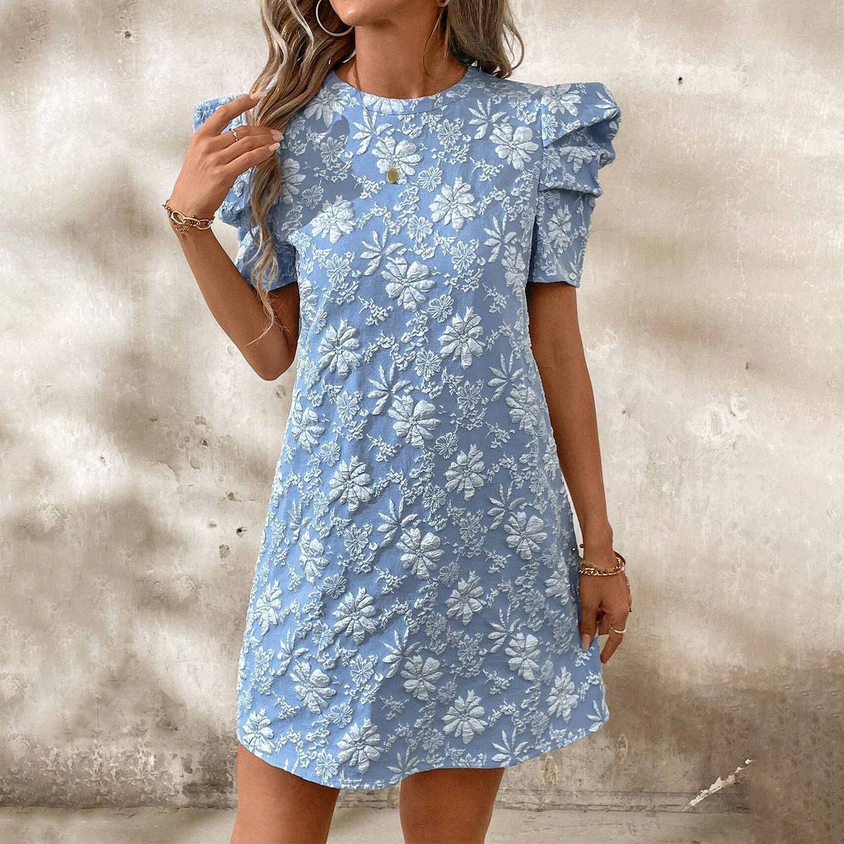 Textured Puff Sleeve Vintage Mini Dress