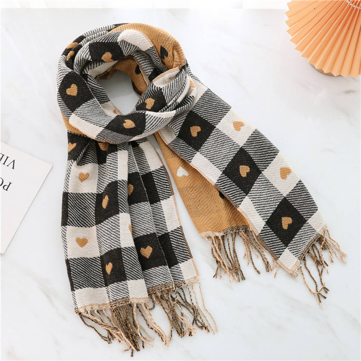 PLAID SCARF HEART COLORBLOCK TASSEL WINTER SHAWL_CWASC0980