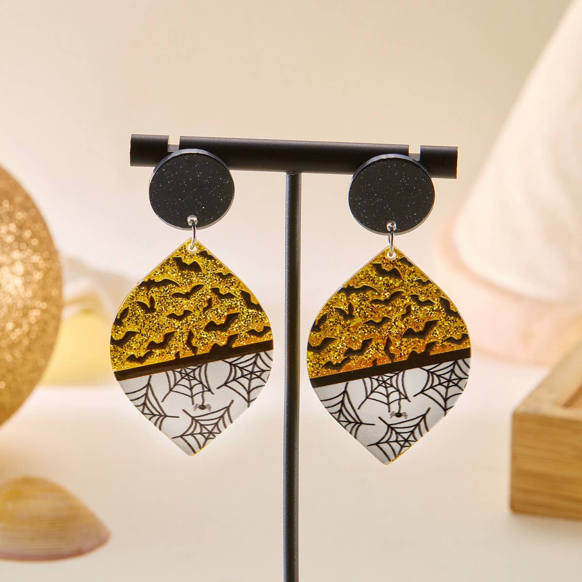 HALLOWEEN FUNNY PUMPKIN BAT LEAF EARRINGS_CWAJE2421