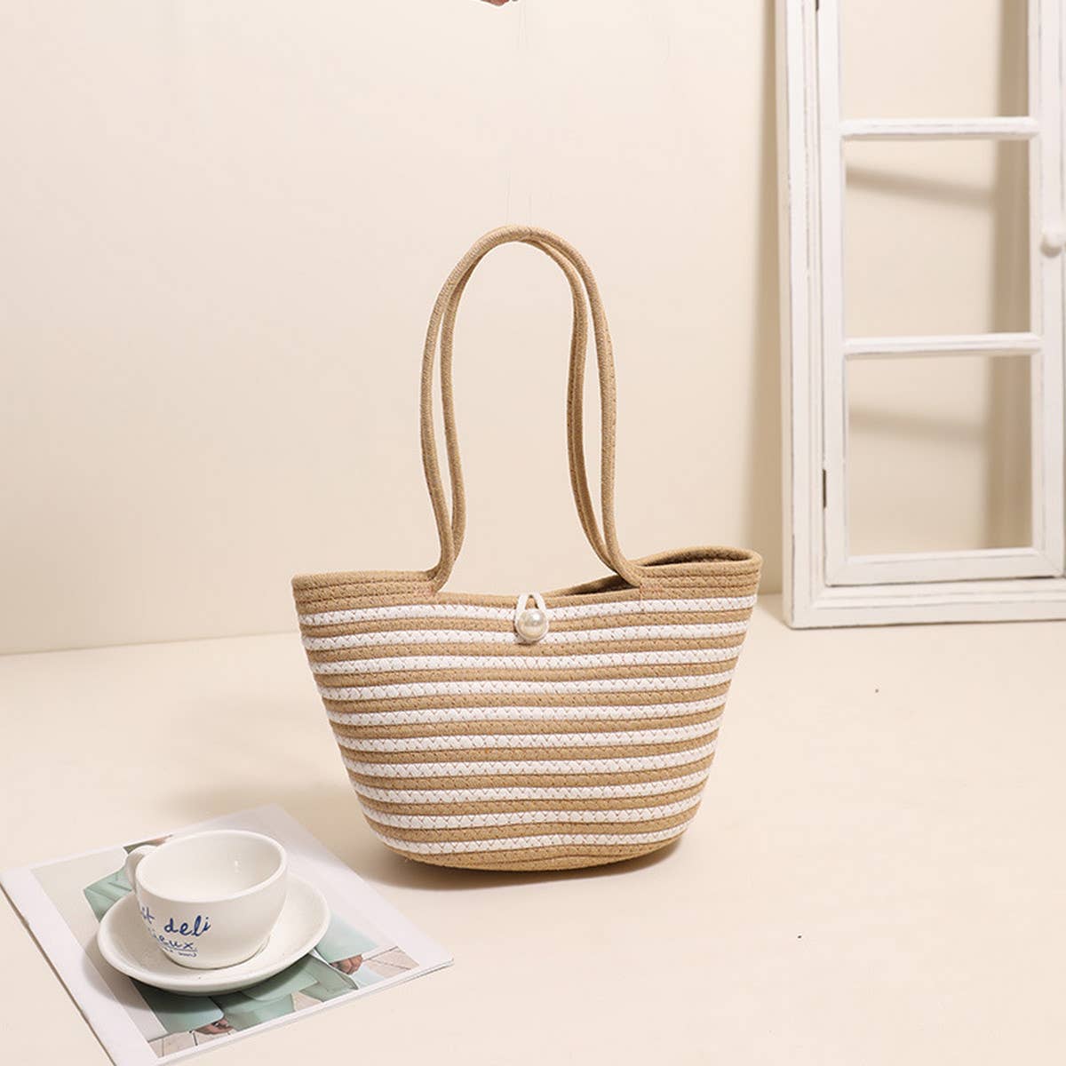 LARGE CAPACITY STRIPED SHOULDER BAG STRAW BAG_CWAB1882