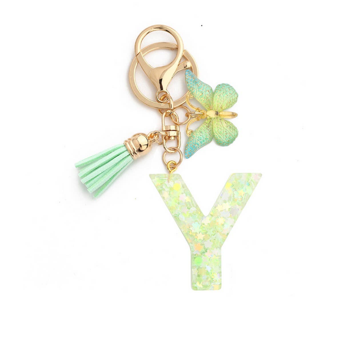 GREEN BUTTERFLY RESIN LETTER KEYCHAIN WITH GLITTER_CWAB5079