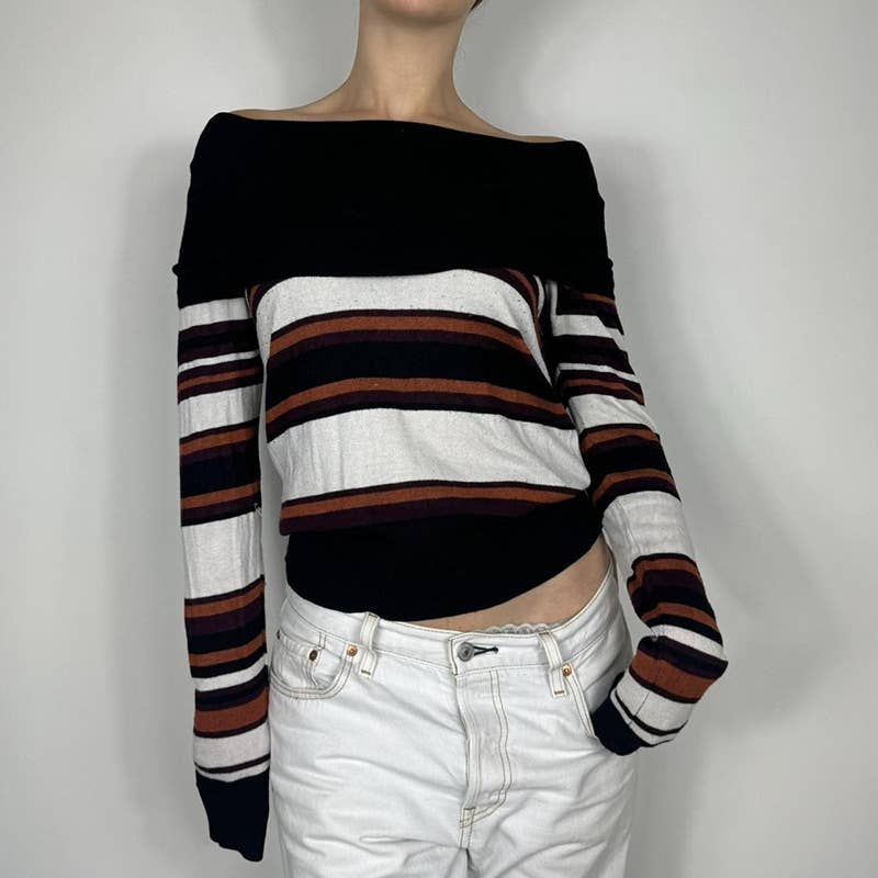 Vintage Striped Striped Woolen Collar Top