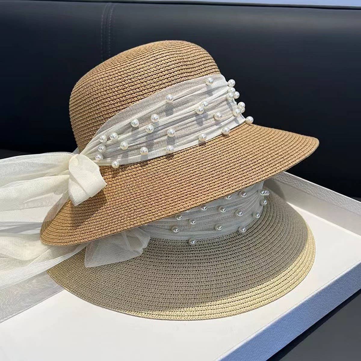 SUMMER ELEGANT PEARL BOW STRAW HAT FOR WOMEN_CWAH3401