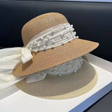SUMMER ELEGANT PEARL BOW STRAW HAT FOR WOMEN_CWAH3401