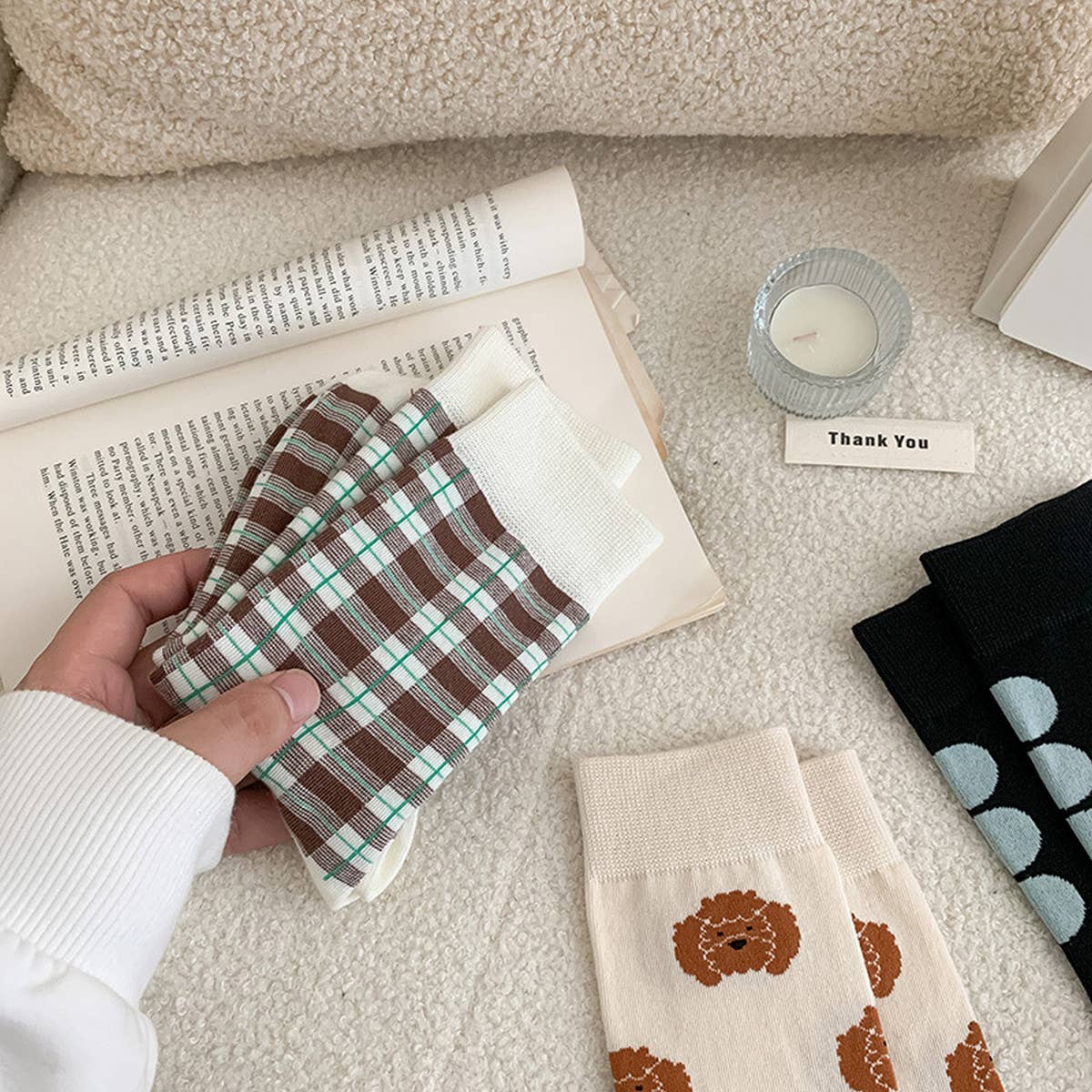 BROWN PUPPY POLKA DOT PLAID SOCKS_CWMS0955