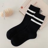 BLACK AND WHITE STRIPED HEART EMBROIDERED SOCKS_CWMS0997