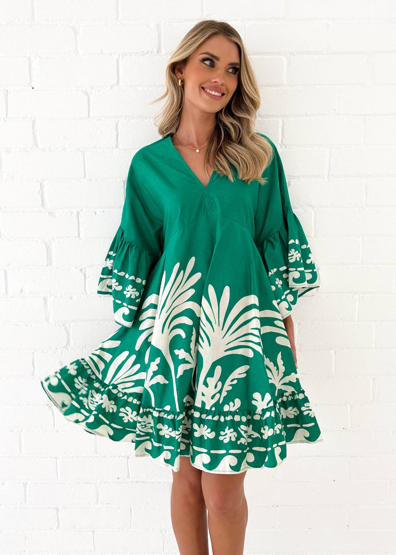 V-Neck Print Flared Sleeves Loose Short Dress