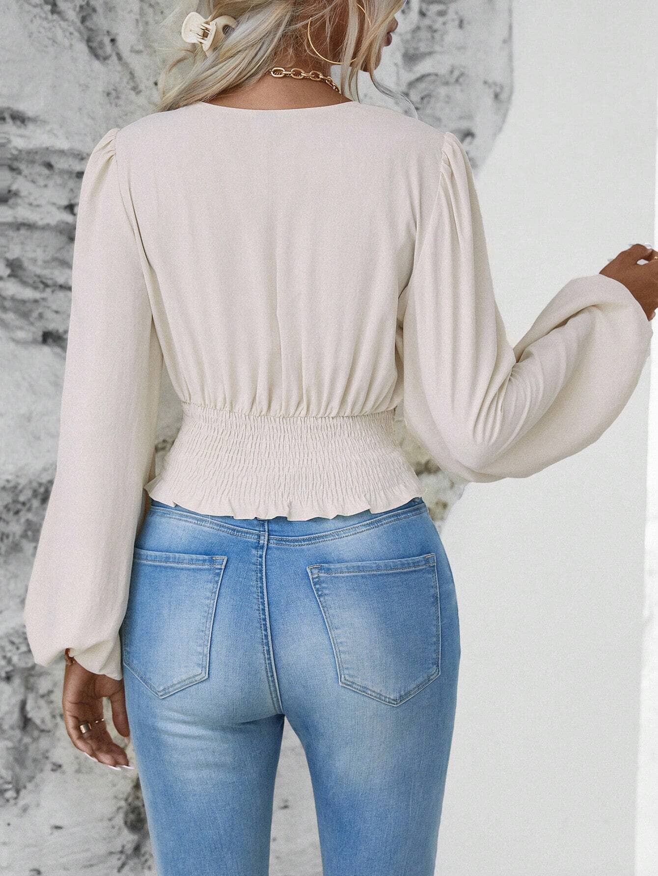 Waistband V-Neck Sleeved Ruffled Long-Sleeved Top
