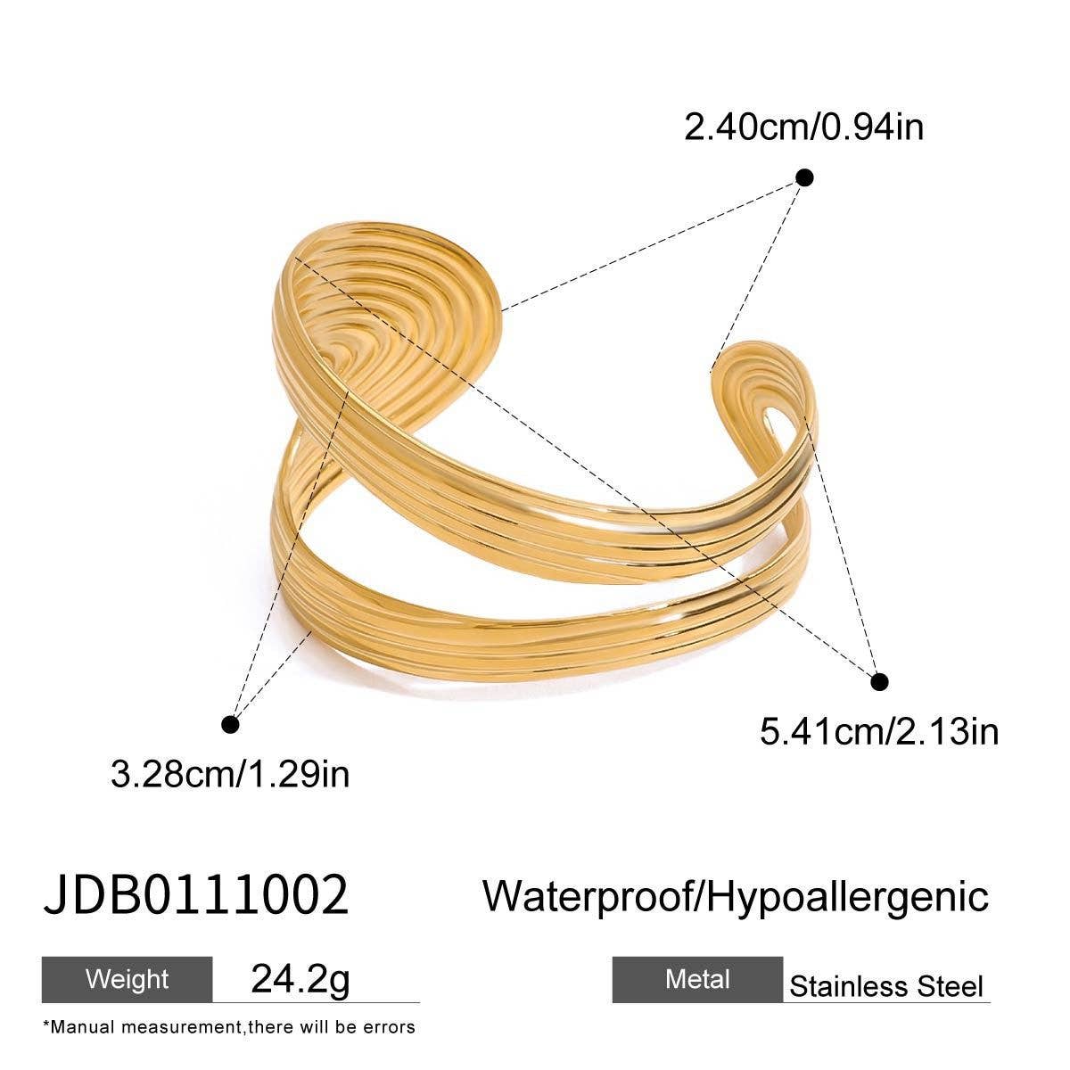 Trendy Double Layer Ribbed Open Bangle, 18K Gold