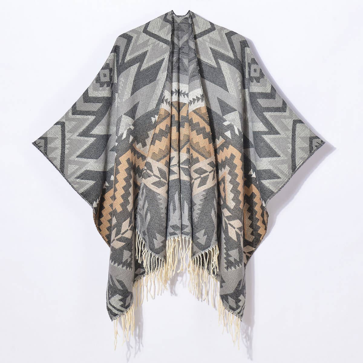 GEOMETRIC WAVE TASSEL SLIT SHAWL_CWASC0990
