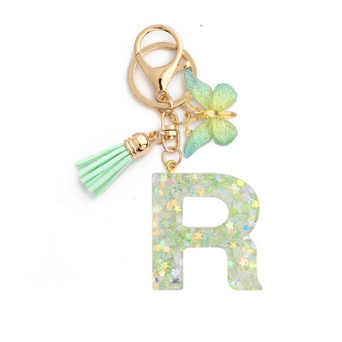 GREEN BUTTERFLY RESIN LETTER KEYCHAIN WITH GLITTER_CWAB5079