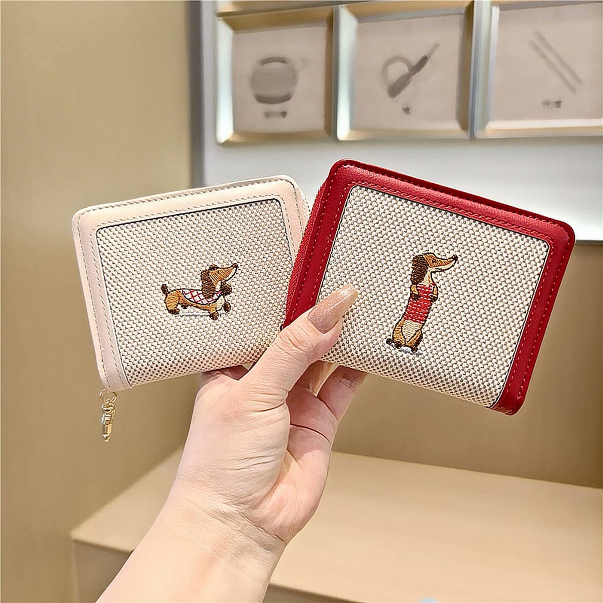 Cute Embroidered Dachshund Zip Bifold Wallet_Cwab06201