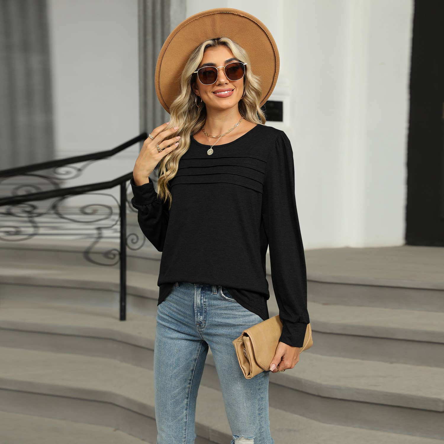 Solid Color U-Neck Pleated Long Sleeve T-Shirt