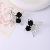 SILVER NEEDLE BLACK ROSE BUTTERFLY EARRINGS_CWAJE1857