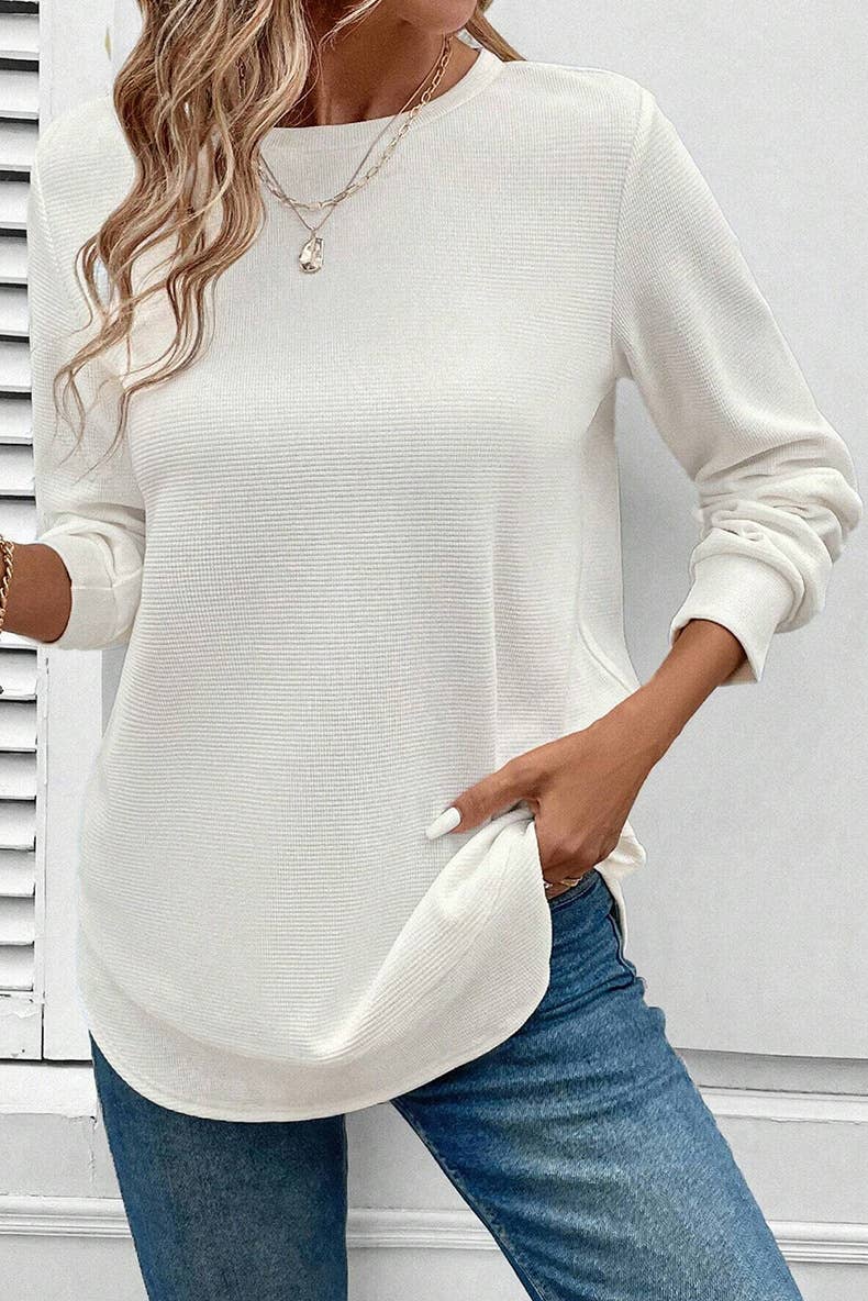 Waffle Solid Color Long-Sleeved Sweatshirt