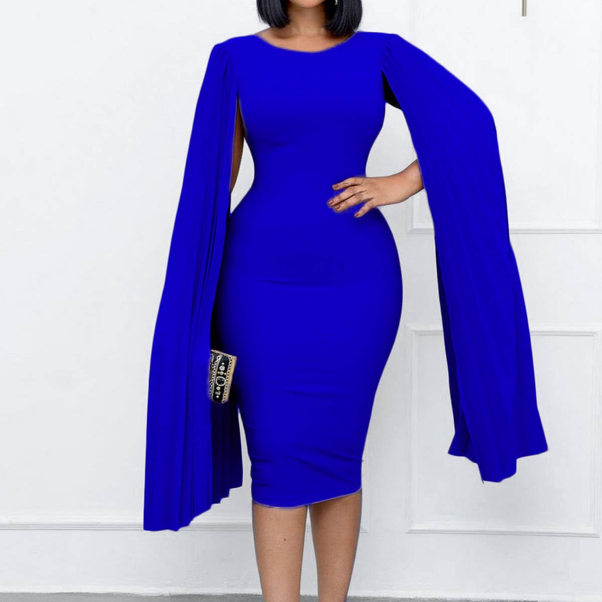PLEATED ROUND NECK ELEGANT HIP HUGGING TIGHT DRESS_CWDMD3701