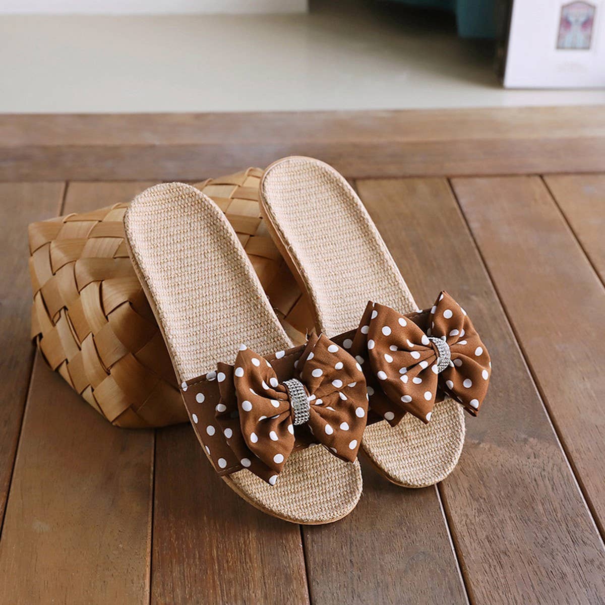 BOW LINEN SUMMER SLIPPERS SOFT SOLE BREATHABLE_CWSHF0188