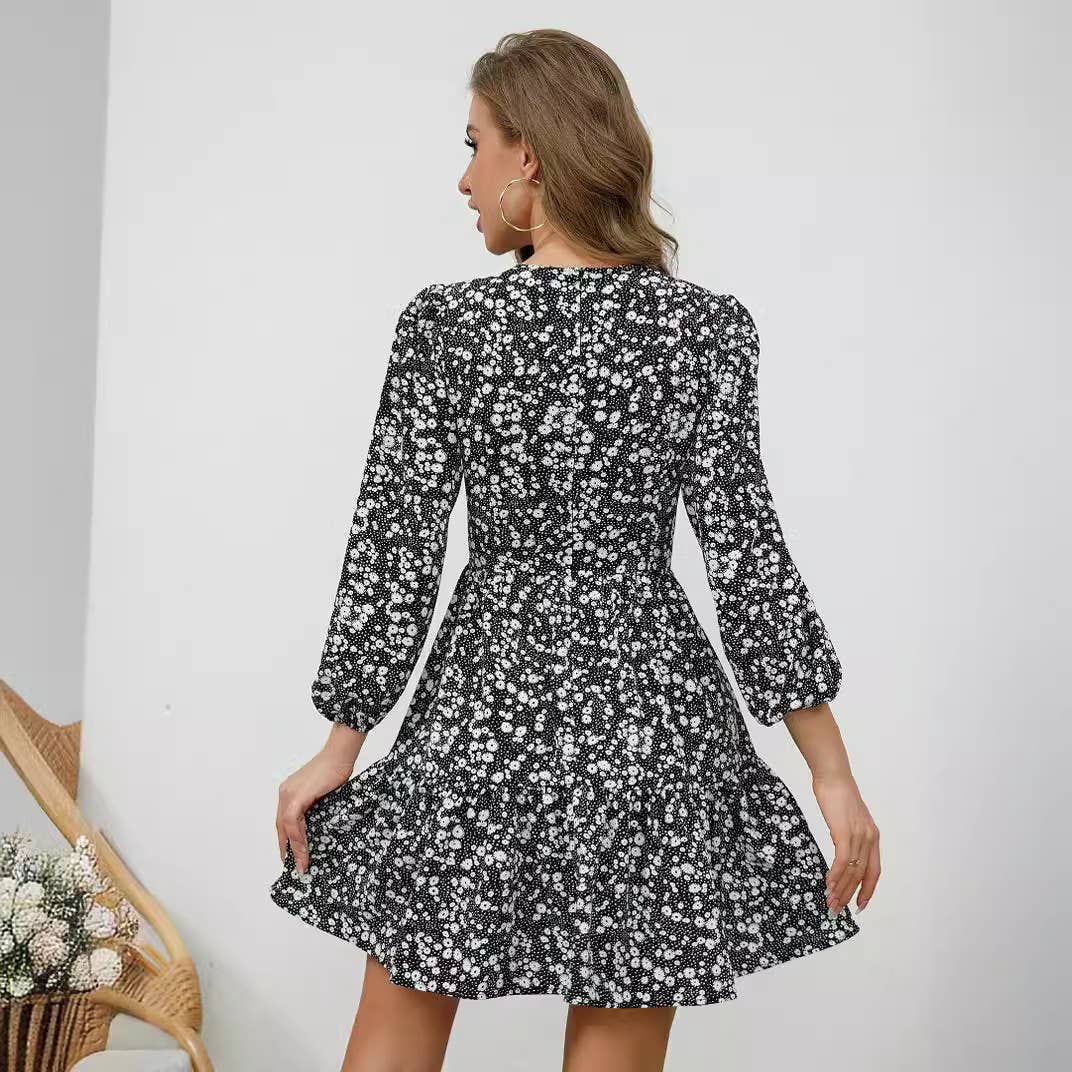 Spliced Floral V-Neck Floral Long-Sleeved Dress
