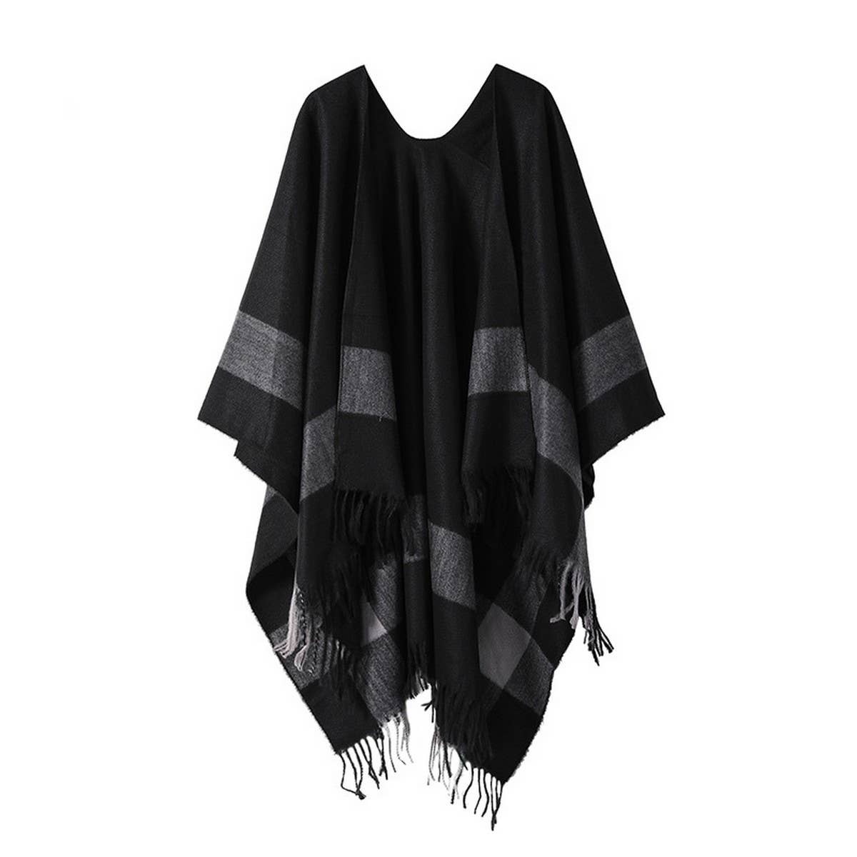 STRIPED FASHIONABLE SHAWL WITH FRINGE CAPE_CWASC2179