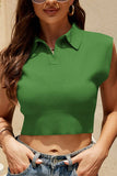 Solid Polo Neck Casual Short Sleeveless Knit Top_Cwoswsl0084