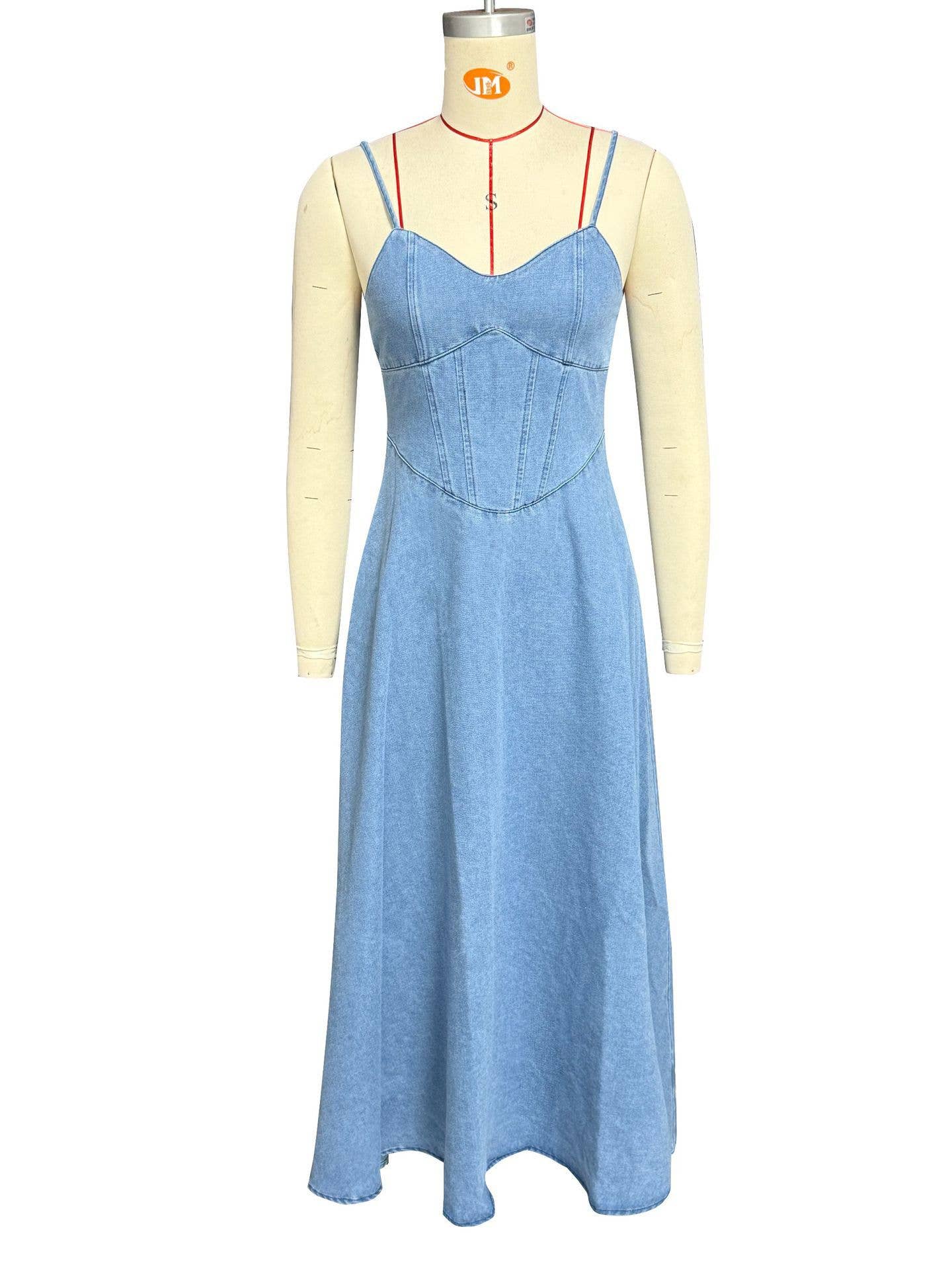 V-Neck Halter Strap Elastic Denim Long Dress