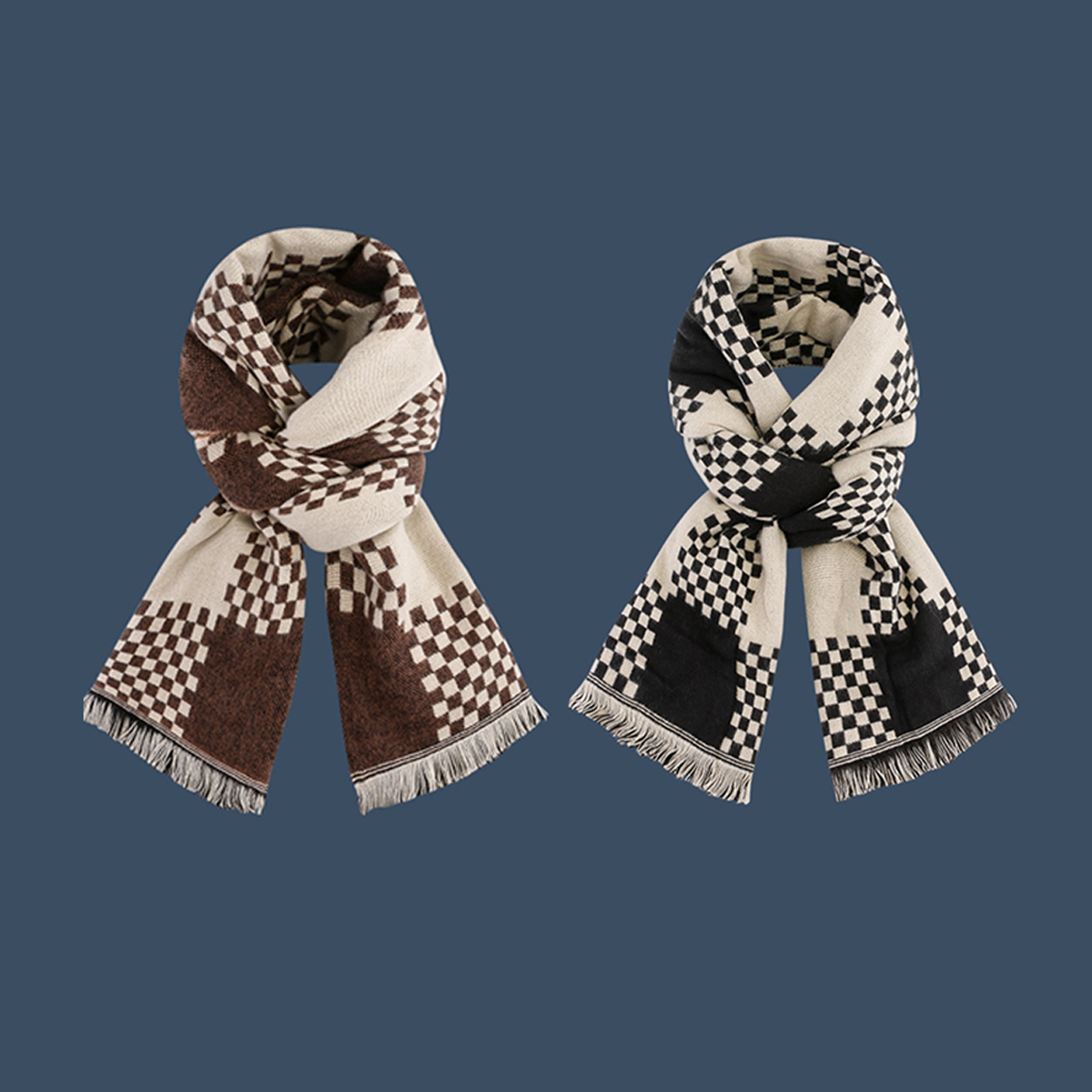 Women Knitted Color Matching Checkered Scarf