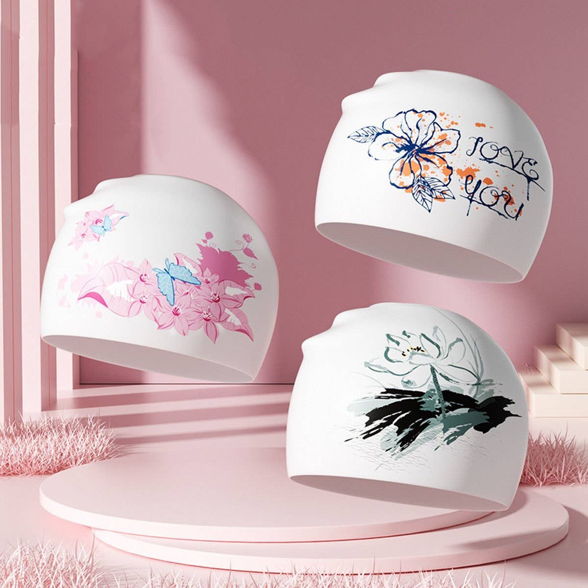 PRINTED SILICONE SWIM CAP FOR WOMEN WITH ANTI SLIP_CWMM6707