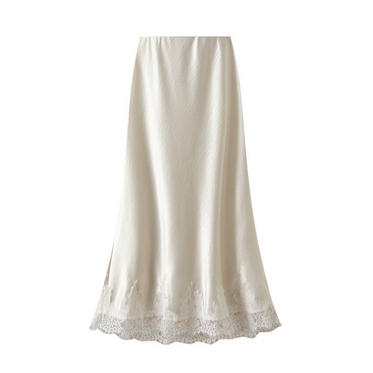 LACE TRIMMED SATIN A LINE MIDI SKIRT WITH DRAPING_CWBMS0327