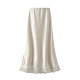 LACE TRIMMED SATIN A LINE MIDI SKIRT WITH DRAPING_CWBMS0327