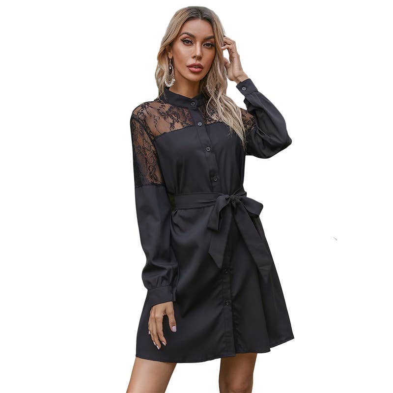 Semi-Turtleneck Patchwork Lace Shirt Dress