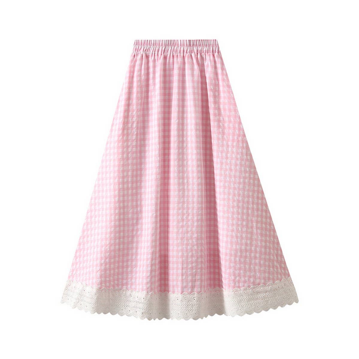 LACE TRIM PLAID HIGH WAIST A LINE MIDI SKIRT_CWBMS0344