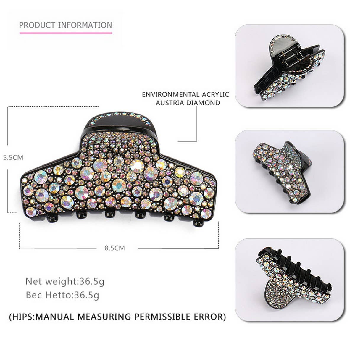 ACRYLIC RHINESTONE HAIRPIN RHINESTONE SHARK CLIP_CWAHA4257