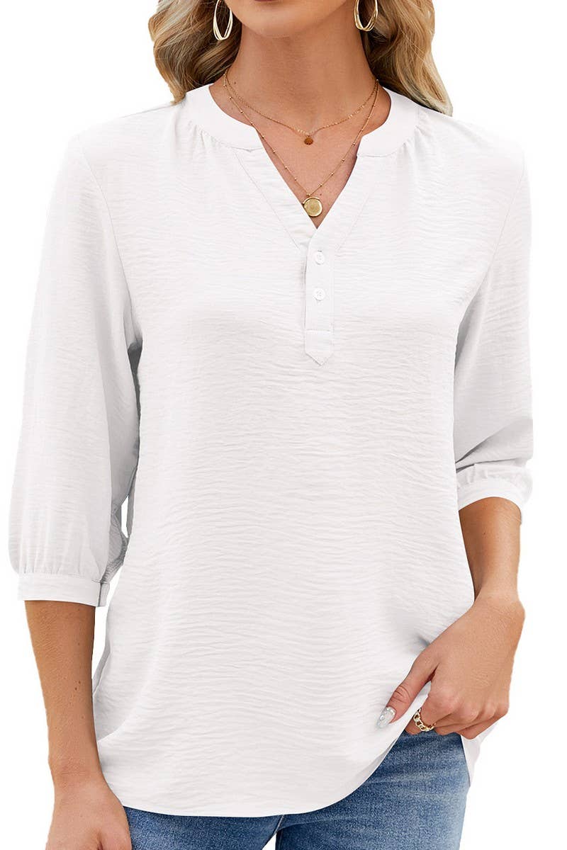 V Neck Button Solid Color Loose T Shirt_Cwtsts0188