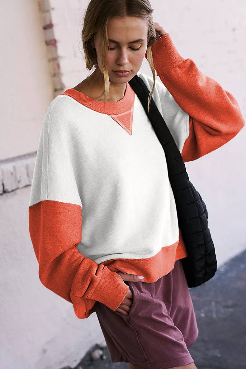 Two-Tone Round-Neck Loose Pullover Hoodie